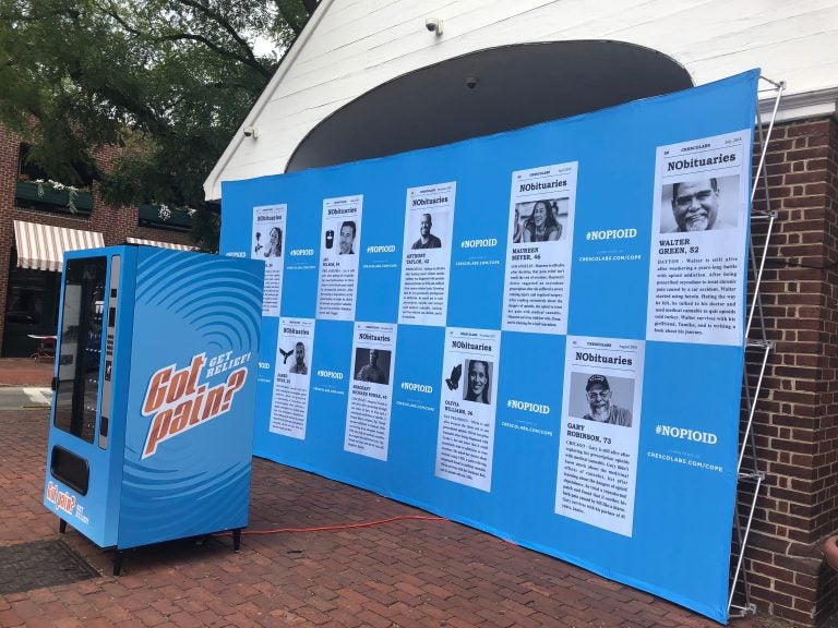 The blue vending machine on display Tuesday, Oct 2, 2018 in Head House Square in Philadelphia. (Nine Feldman/WHYY)