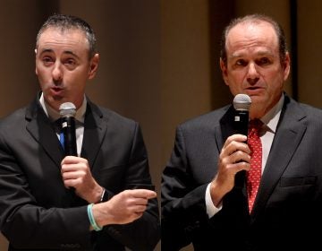 Candidates for Pennsylvania's 1st Congressional District, incumbent Republican Brian Fitzpatrick (left) and Democrat Scott Wallace. (Emma Lee/WHYY)