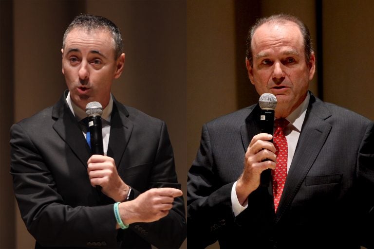 Candidates for Pennsylvania's 1st Congressional District, incumbent Republican Brian Fitzpatrick (left) and Democrat Scott Wallace. (Emma Lee/WHYY)