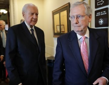 Senate Majority Leader Mitch McConnell, R-Ky., and Republican members of the Senate Judiciary Committee, including Sen. Orrin Hatch, R-Utah, arrive for a news conference on Thursday, reiterating their plan to bring Brett Kavanaugh's Supreme Court nomination to the Senate floor, with a key procedural vote on Friday morning