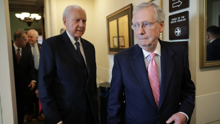 Senate Majority Leader Mitch McConnell, R-Ky., and Republican members of the Senate Judiciary Committee, including Sen. Orrin Hatch, R-Utah, arrive for a news conference on Thursday, reiterating their plan to bring Brett Kavanaugh's Supreme Court nomination to the Senate floor, with a key procedural vote on Friday morning