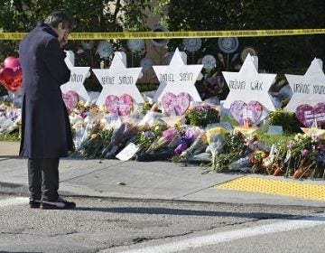 Stars of David memorialize Jewish congregants killed at a synagogue in Pittsburgh on Saturday.
(Kyodo News via Getty Images)