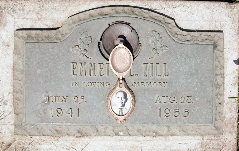 A plaque marks the gravesite of Emmett Till at Burr Oak Cemetery in Alsip, Ill. The 14-year-old was killed in Mississippi in 1955. The FBI has reopened the investigation into his lynching. (Scott Olson/Getty Images)