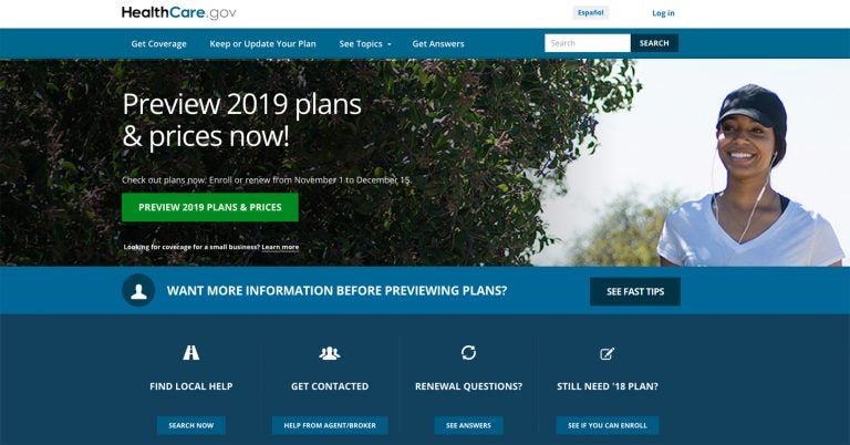 Open enrollment for 2019 health plans begins Nov. 1 on HealthCare.gov and on most state insurance exchanges. (Healthcare.gov via Screenshot by NPR)