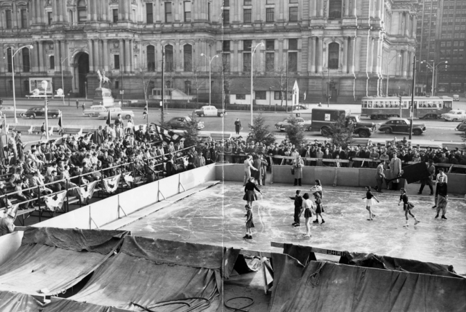 Ice-skating in Reyburn Plaza (date unknown), Evening Bulletin | Special Collections Research Center, Temple University Libraries, Philadelphia, PA