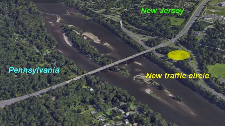 The traffic circle, highlighted as a yellow circle, connects southbound I-295 to Route 29 in New Jersey. This is part of the major overhaul of the intersections in the area as they build a new Scudder Falls bridge. (Google Earth image)