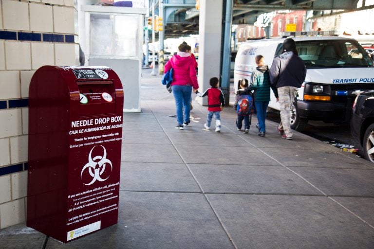 Philadelphia’s Department of Public Health installed needle drop boxes at SEPTA stations at three stops off the elevated train in Kensington. (Kimberly Paynter/WHYY)