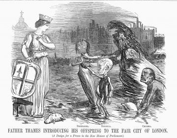 The three sickly beings in this 19th-century drawing represent diphtheria, scrofula (a form of tuberculosis) and cholera. The woman symbolizes the city of London. (Getty Images)