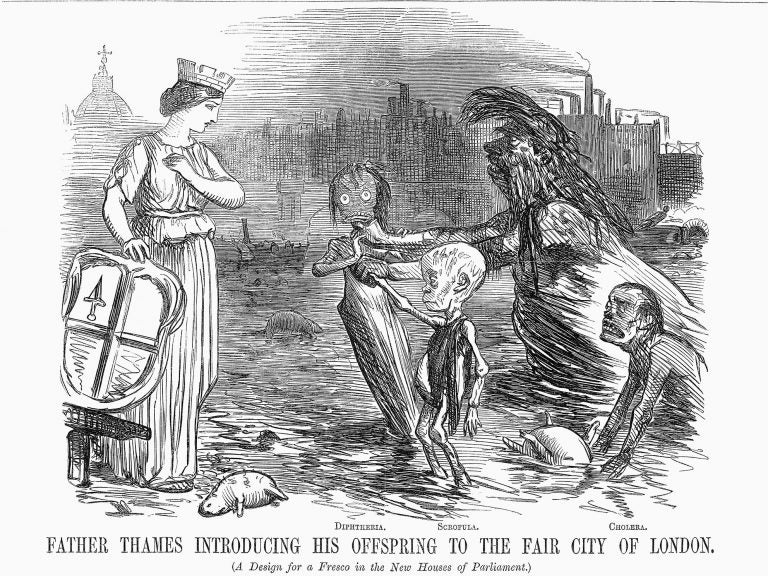 The three sickly beings in this 19th-century drawing represent diphtheria, scrofula (a form of tuberculosis) and cholera. The woman symbolizes the city of London. (Getty Images)