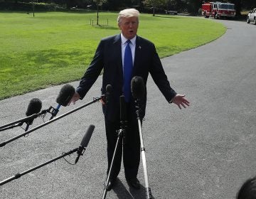 President Donald Trump speaks to the media before departing from the White House en route to speak with electrical workers in Philadelphia, Penn