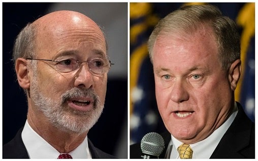 This combination of October 2017 file photos shows Pennsylvania gubernatorial candidates Democrat Gov. Tom Wolf, (left), and Republican Scott Wagner. (Matt Rourke/AP Photo, file)