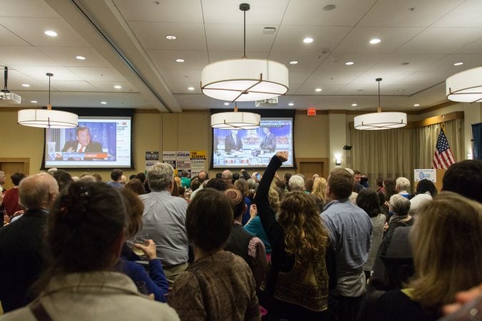 Hundreds of supporters came out to support various Pennsylvania Democratic candidates at the official watch party for Mary Gay Scanlon in Swarthmore, Pa. on November 6, 2018. (Emily Cohen for WHYY)
