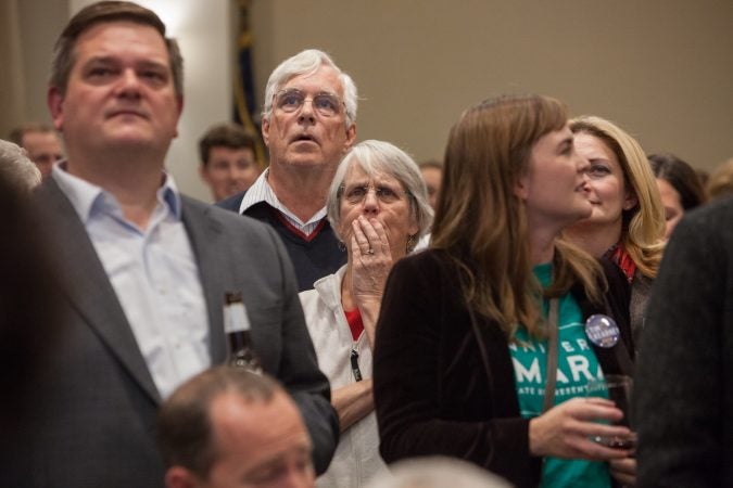 Hundreds of supporters came out to support various Pennsylvania Democratic candidates at the official watch party for Mary Gay Scanlon in Swarthmore, Pa. on November 6, 2018. (Emily Cohen for WHYY)