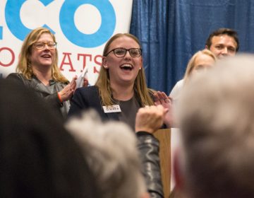 Democrat Jennifer O'Mara is met with joyous celebration after winning a Statehouse race Philadelphia's suburbs. (Emily Cohen for WHYY)