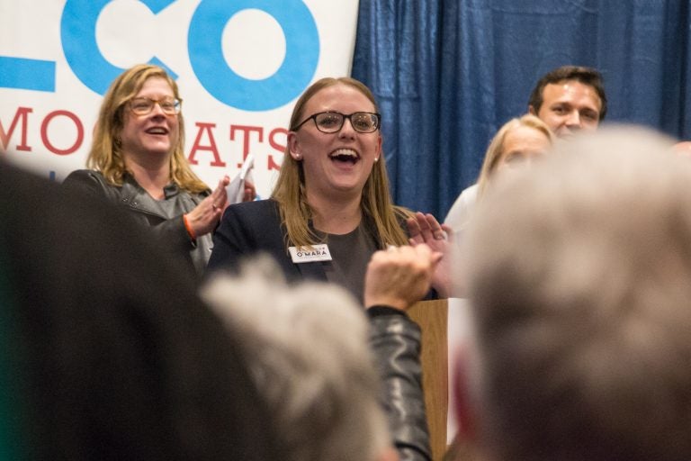 Democrat Jennifer O'Mara is met with joyous celebration after winning a Statehouse race Philadelphia's suburbs. (Emily Cohen for WHYY)