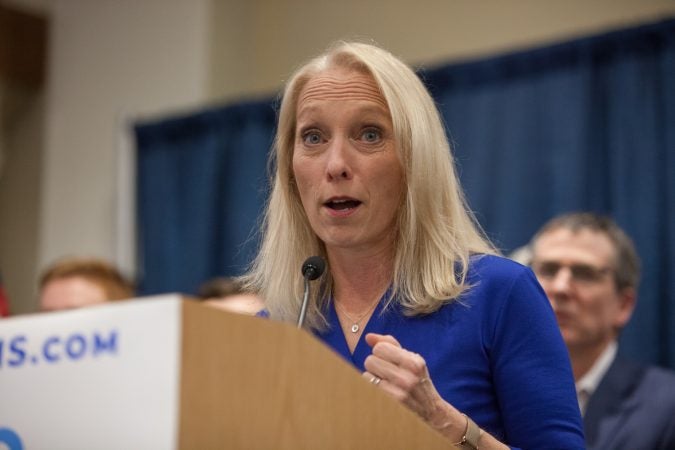 Mary Gay Scanlon makes a speech after her victory in Pennsylvania's 5th congressional district on November 6, 2018. (Emily Cohen for WHYY)