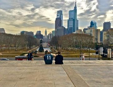 An Eagles fan takes in the city from the top of the steps to the Philadelphia Museum of Art, also known as the Rocky steps. (Emma Lee/WHYY)