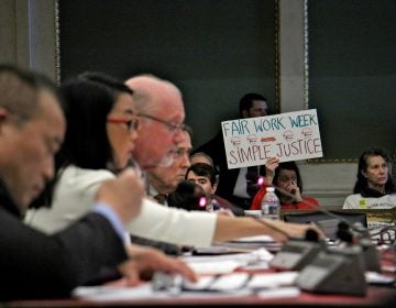 Supporters attend a hearing at Philadelphia City Hall on fair workweek legislation. (Emma Lee/WHYY)