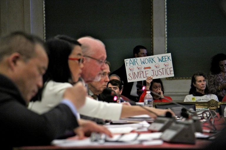 Supporters attend a hearing at Philadelphia City Hall on fair workweek legislation. (Emma Lee/WHYY)