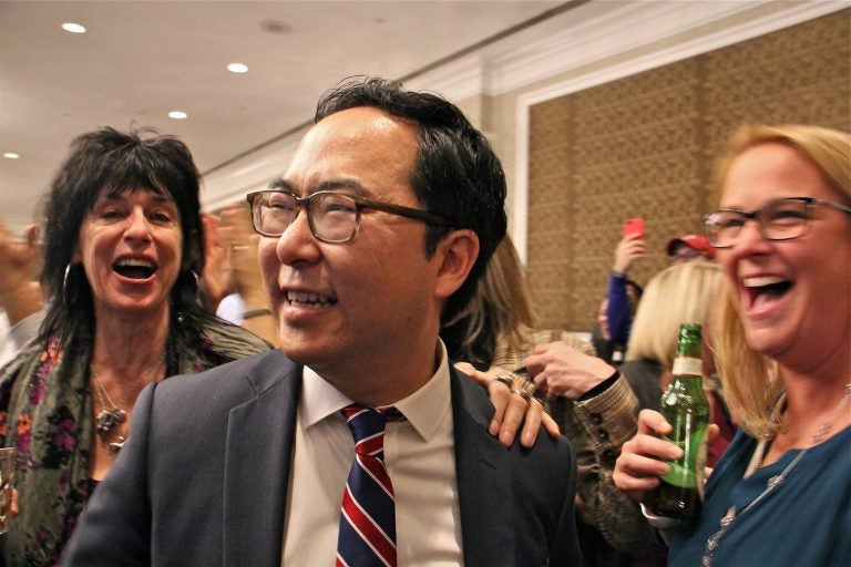 New Jersey 3rd Congressional candidate Andy Kim mingles with supporters at the Westin in Mount Laurel while waiting for results on election night. Kim's race against incumbent Tom MacArthur was too close to call