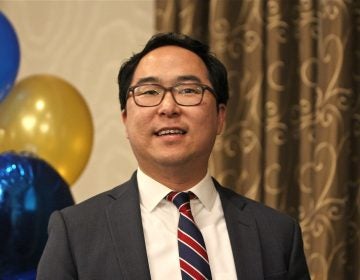 New Jersey 3rd Congressional candidate Andy Kim speaks to supporters at the Westin in Mount Laurel while waiting for results on election night.  (Emma Lee/WHYY)