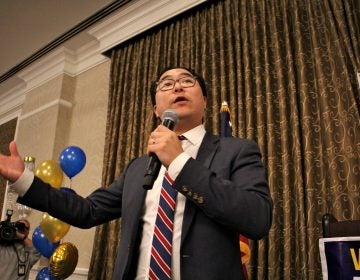 New Jersey 3rd Congressional candidate Andy Kim speaks to supporters at the Westin in Mount Laurel while waiting for results on election night. (Emma Lee/WHYY)