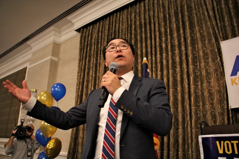 New Jersey 3rd Congressional candidate Andy Kim speaks to supporters at the Westin in Mount Laurel while waiting for results on election night. (Emma Lee/WHYY)