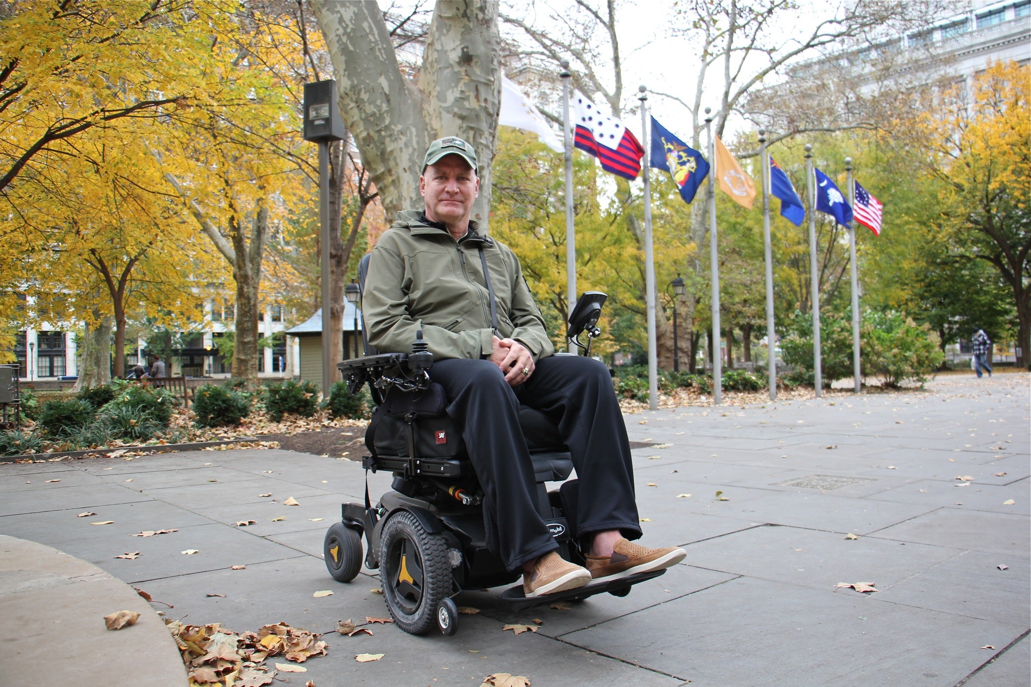 Chuck Schretzman visits the monument to unknown soldiers of the Revolutionary War in Washington Square, across the street from his home. The 26-year Army veteran was diagnosed with ALS three years ago.