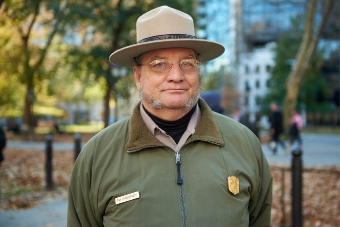 Ray Harshbarger, a park ranger at Independence Mall and a Marine Corps veteran, stands in Independence Mall on the centennial anniversary of Armistice Day and reflected on American unity. 