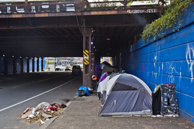The city of Philadelphia is once again clearing out camps of people in Kensington like the one at Frankford and Lehigh Avenues. (Kimberly Paynter/WHYY)