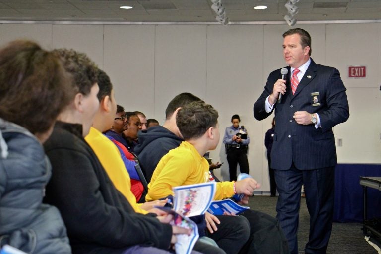 Shawn Ellerman, of the Philadelphia Field Division of the Drug Enforcement Administration, speaks to Philadelphia school children during a youth summit on drug prevention at Temple University.