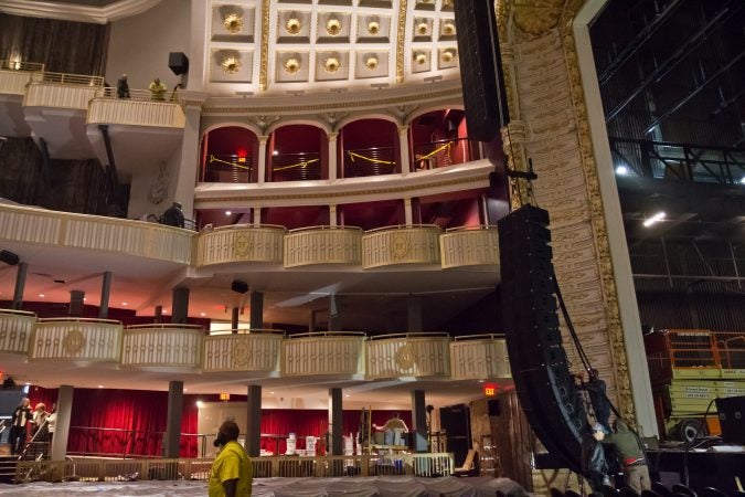 Stage speakers are installed at Philadelphia’s updated Metropolitan Opera House. (Kimberly Paynter/WHYY)