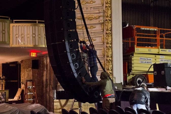 Stage speakers are installed at Philadelphia’s updated Metropolitan Opera House. (Kimberly Paynter/WHYY)