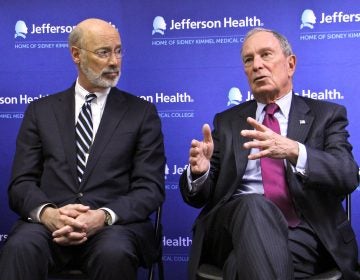 Former New York City Mayor Michael Bloomberg (right) talks about his $10 million donation to help Pennsylvania combat the opioid crisis during a visit to Thomas Jefferson Maternal Addiction Treatment clinic. He is accompanies by Gov. Tom Wolf.