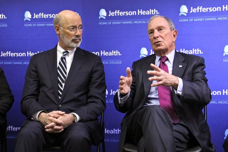 Former New York City Mayor Michael Bloomberg (right) talks about his $10 million donation to help Pennsylvania combat the opioid crisis during a visit to Thomas Jefferson Maternal Addiction Treatment clinic. He is accompanies by Gov. Tom Wolf.