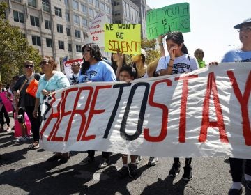 Cielo Mendez, 17, of Plainfield, N.J., who is a DACA recipient, (second from left with banner), marches next to Gabriel Henao, 7, and Kimberly Armas, 15, of Elizabeth, N.J., in support of the Deferred Action for Childhood Arrivals program, known as DACA, outside of Immigration and Customs Enforcement (ICE), in Washington, Tuesday, Sept. 5, 2017. (Jacquelyn Martin/AP Photo)