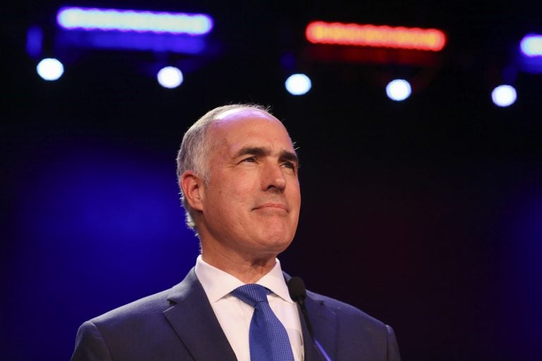 U.S. Sen. Bob Casey, D-Pa., gives a victory speech during his election night party in Scranton, Pa., on Tuesday, Nov. 6, 2018. (Jake Danna Stevens/The Times-Tribune via AP)