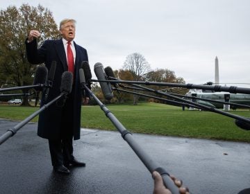 President Donald Trump talks with reporters before departing for France on the South Lawn of the White House, Friday, Nov. 9, 2018, in Washington. (AP Photo/Evan Vucci)