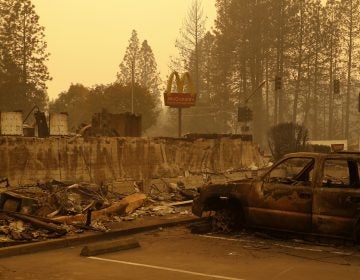 A sign still stands at a McDonald's restaurant burned in the Camp Fire, Monday, Nov. 12, 2018, in the northern California town of Paradise. (John Locher/AP)