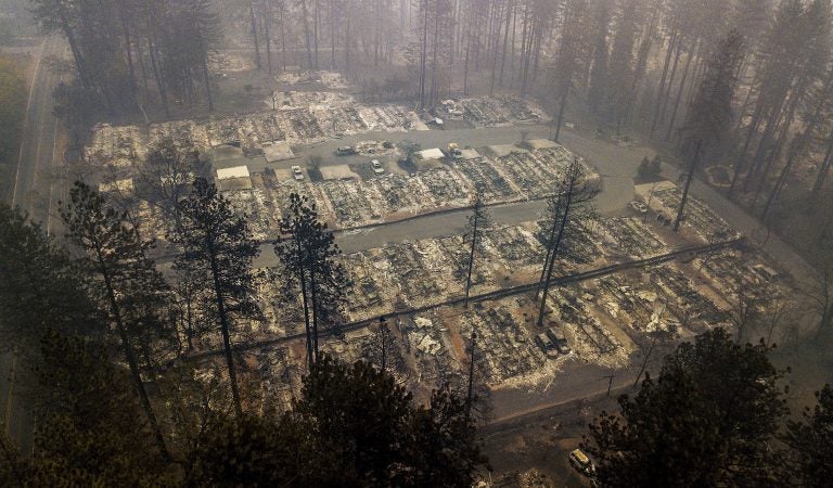 Residences leveled by the wildfire line a neighborhood in Paradise, Calif., on Thursday, Nov. 15, 2018. The California Department of Forestry and Fire Protection said Thursday the wildfire that destroyed the town of Paradise is now 40 percent contained, up from 30 percent Wednesday morning.  (Noah Berger/AP Photo)