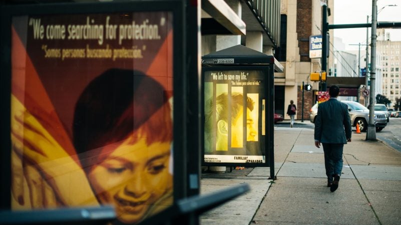 The project also includes artwork on three bus shelters near the Capitol campus in Harrisburg. (Dani Fresh for WHYY)