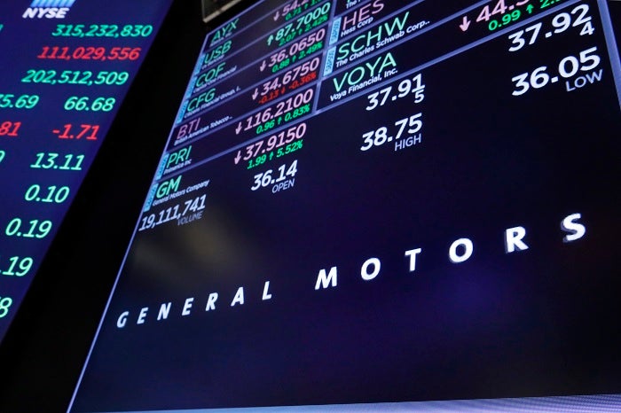 The logo for General Motors appears above a trading post on the floor of the New York Stock Exchange, Monday, Nov. 26, 2018. General Motors will lay off thousands of factory and white-collar workers in North America and could close five plants. (AP Photo/Richard Drew)