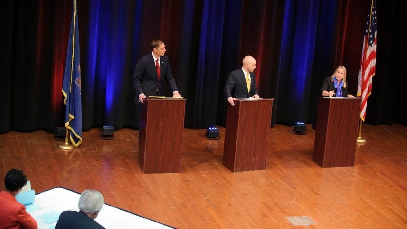 PBS39, the Lehigh Valley's public television station, hosts a debate between candidates for Pennsylvania's new 7th Congressional District, including Democrat Susan Wild (right), Republican Marty Nothstein (left) and Libertarian Tim Silfies, on Oct. 23, 2018, at Northampton Community College in Bethlehem Township, Pennsylvania. (Matt Smith for WHYY)