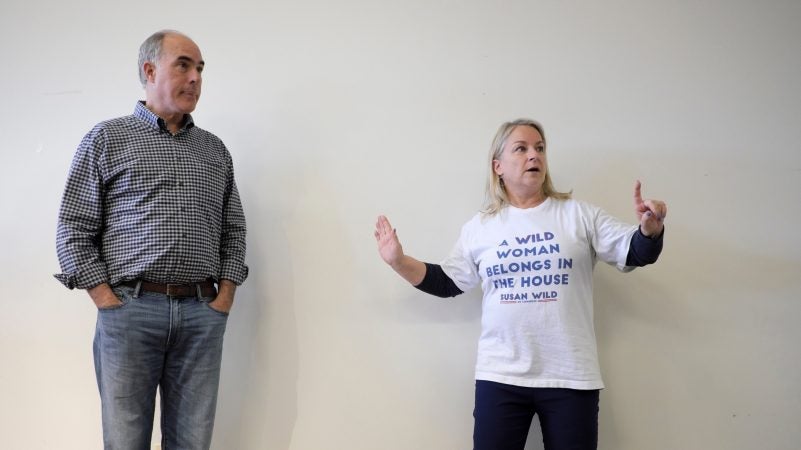 Susan Wild, Democratic candidate for Pennsylvania's new 7th Congressional District, appears during a canvass launch event with Senator Bob Casey on Oct. 13, 2018, in Bethlehem, Pennsylvania. (Matt Smith for WHYY)