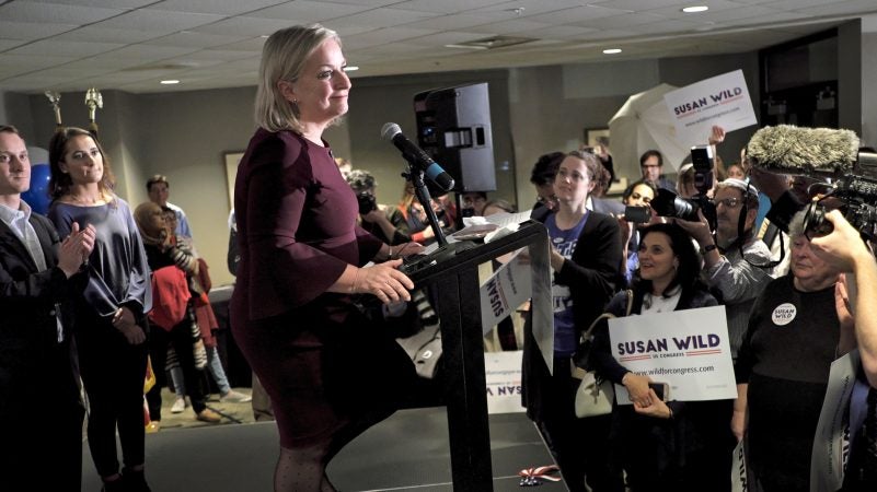 Susan Wild, Democratic candidate for Pennsylvania's new 7th Congressional District, celebrates a victory in the race during an Election Night event Nov. 6, 2018, at Coca-Cola Park in Allentown, Pennsylvania. (Matt Smith for WHYY)