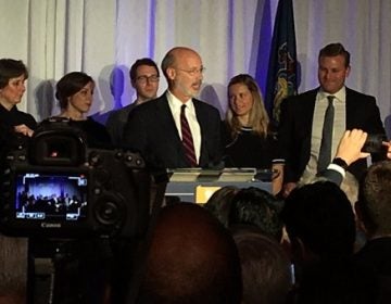 Tom Wolf delivers a brief speech at his election night event after declaring victory. (Katie Meyer/WITF)