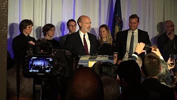 Tom Wolf delivers a brief speech at his election night event after declaring victory. (Katie Meyer/WITF)