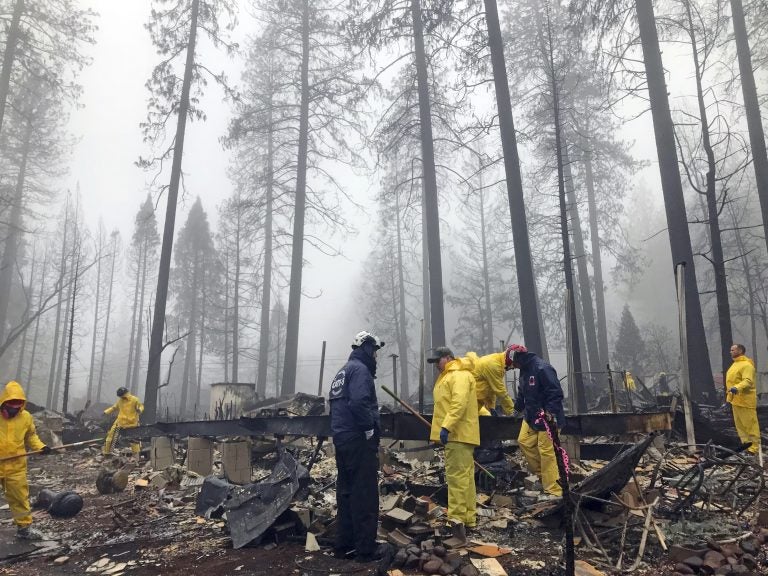 Volunteers search a mobile home park in Paradise, Calif. Government scientists predict wildfires like the one that struck this community will contribute to billions in losses for the U.S. economy (Kathleen Ronayne/AP)