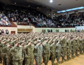 The soldiers of the 28th Infantry Division Headquarters stand at attention at a farewell ceremony on January 13, 2018. (Rachel McDevitt/WITF)