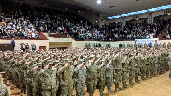 The soldiers of the 28th Infantry Division Headquarters stand at attention at a farewell ceremony on January 13, 2018. (Rachel McDevitt/WITF)